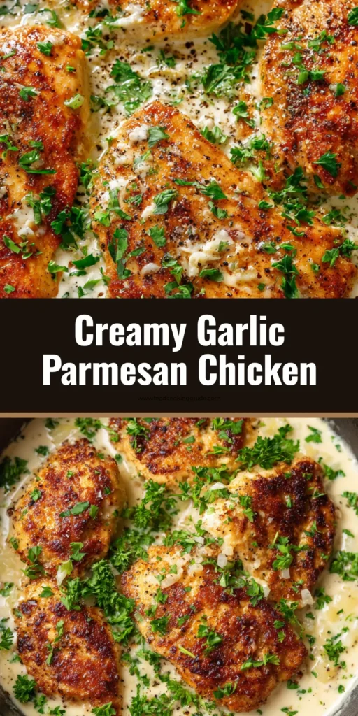 Creamy Garlic Parmesan Chicken (Rich & Velvety Skillet Recipe) 3 A close up top-down view of golden-brown pan-seared Creamy Garlic Parmesan Chicken swimming in a thick, velvety white sauce inside a matte black cast iron skillet.