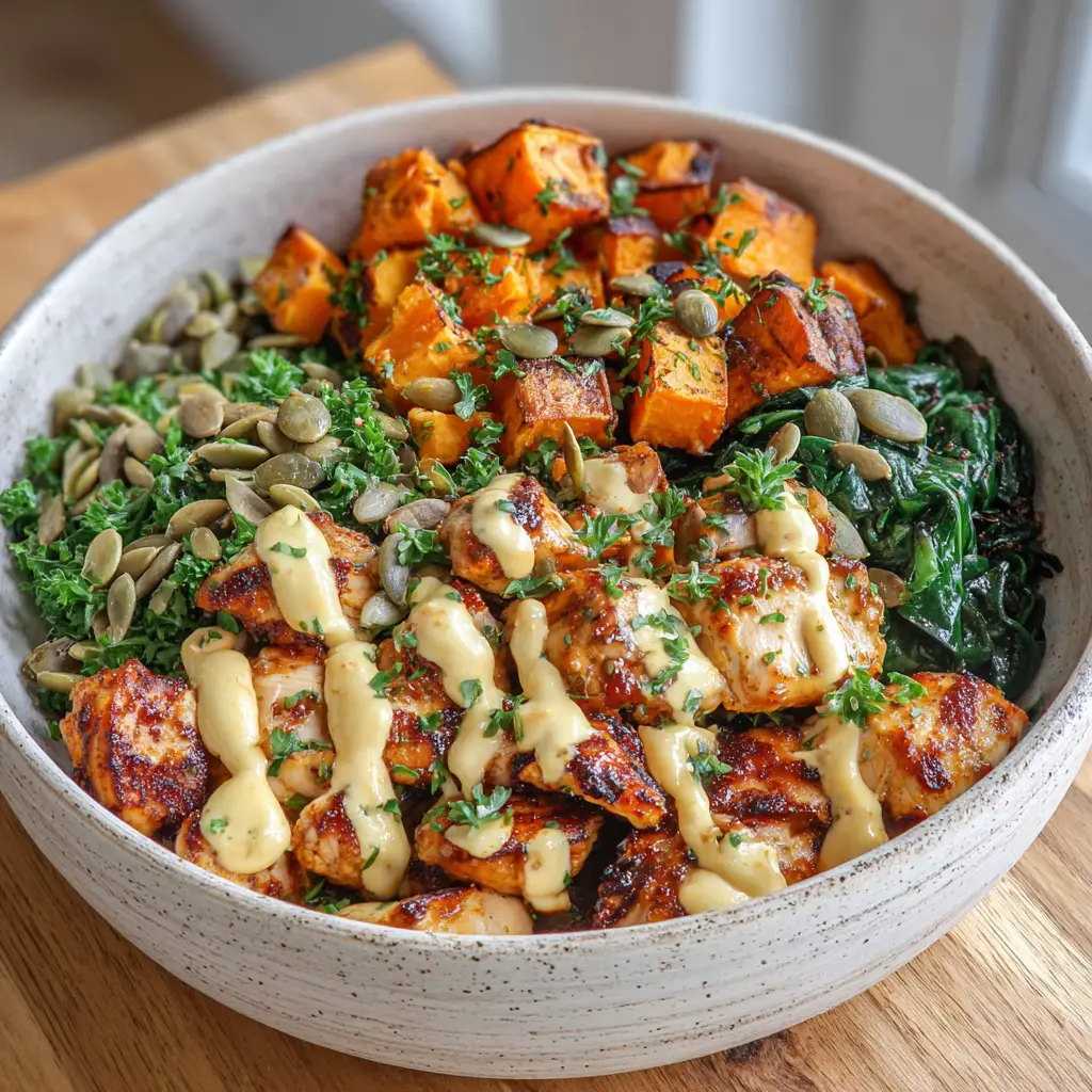 Maple Dijon Chicken Bowl: The Ultimate Harvest Recipe 2 Fresh ingredients for Maple Dijon Chicken Bowl including sweet potatoes, chicken breast chunks, spinach, and maple syrup.
