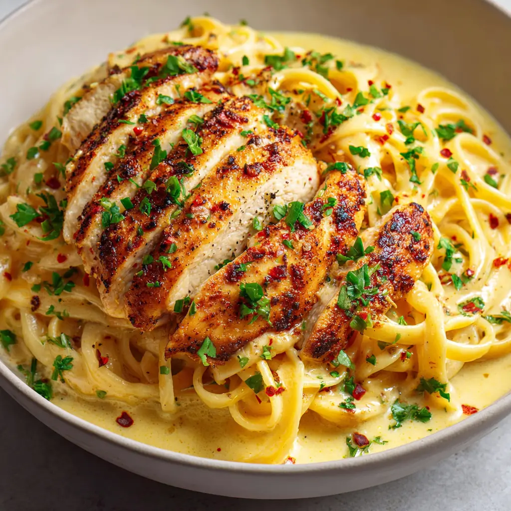 Cowboy Butter Chicken Linguine 1 Thick overlapping slices of golden-brown pan-seared chicken breast garnished with finely chopped green parsley, minced chives, and red pepper flakes.