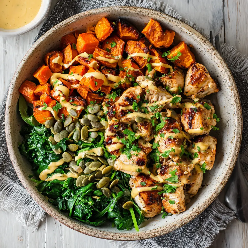Maple Dijon Chicken Bowl: The Ultimate Harvest Recipe 1 Close up of a creamy, pale yellow mustard drizzle being poured over golden-brown glazed chicken.