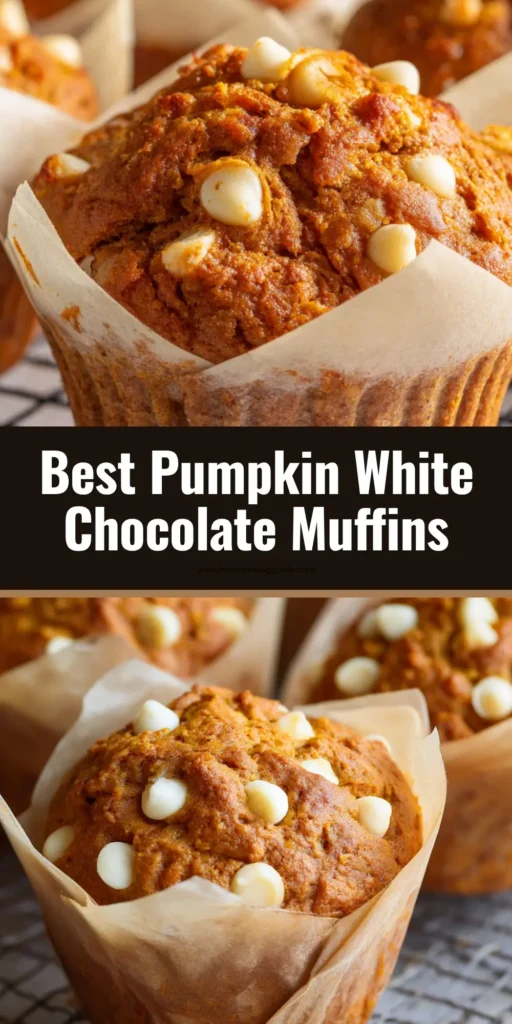 The Ultimate Pumpkin White Chocolate Chip Muffins 3 A close-up of a freshly baked Pumpkin White Chocolate Chip Muffin with a tall, domed top and creamy, melted white chocolate chips sitting in a folded parchment paper liner.