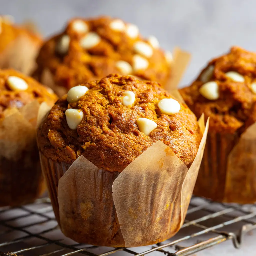 Overhead view of a moist, deep orange-brown spongy crumb Pumpkin White Chocolate Chip Muffin heavily speckled with warm spices.