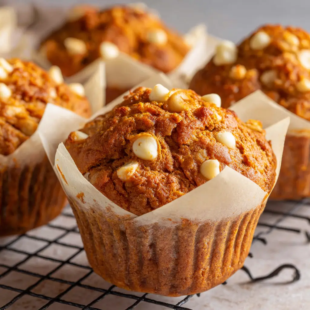 The Ultimate Pumpkin White Chocolate Chip Muffins 1 Multiple Pumpkin White Chocolate Chip Muffins cooling on a wire rack featuring cragged, glossy surfaces and melted chocolate.