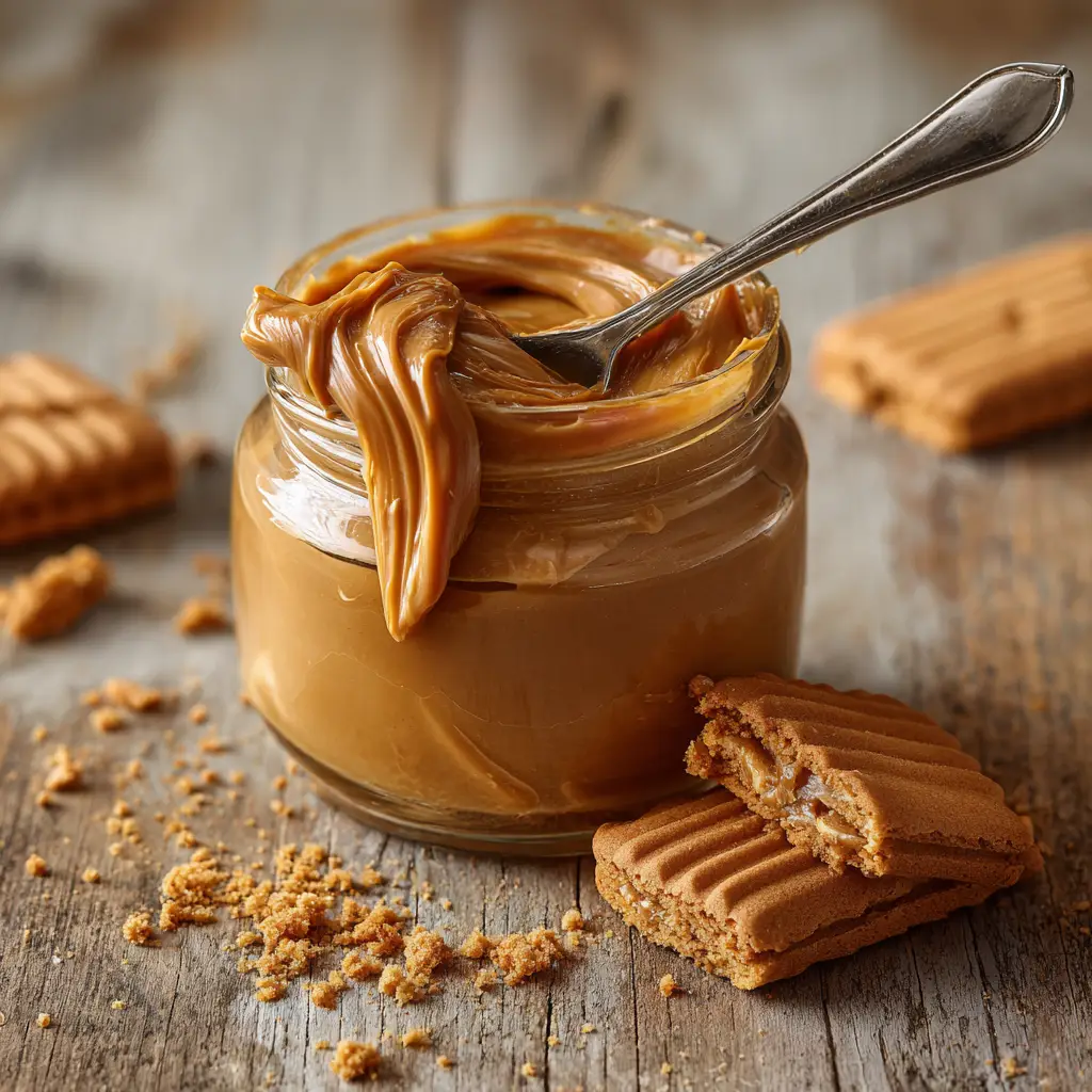 Homemade Biscoff Cookie Butter 1 Coarse golden-brown cookie crumbs scattered on a rustic light wooden table next to a jar of cookie butter.
