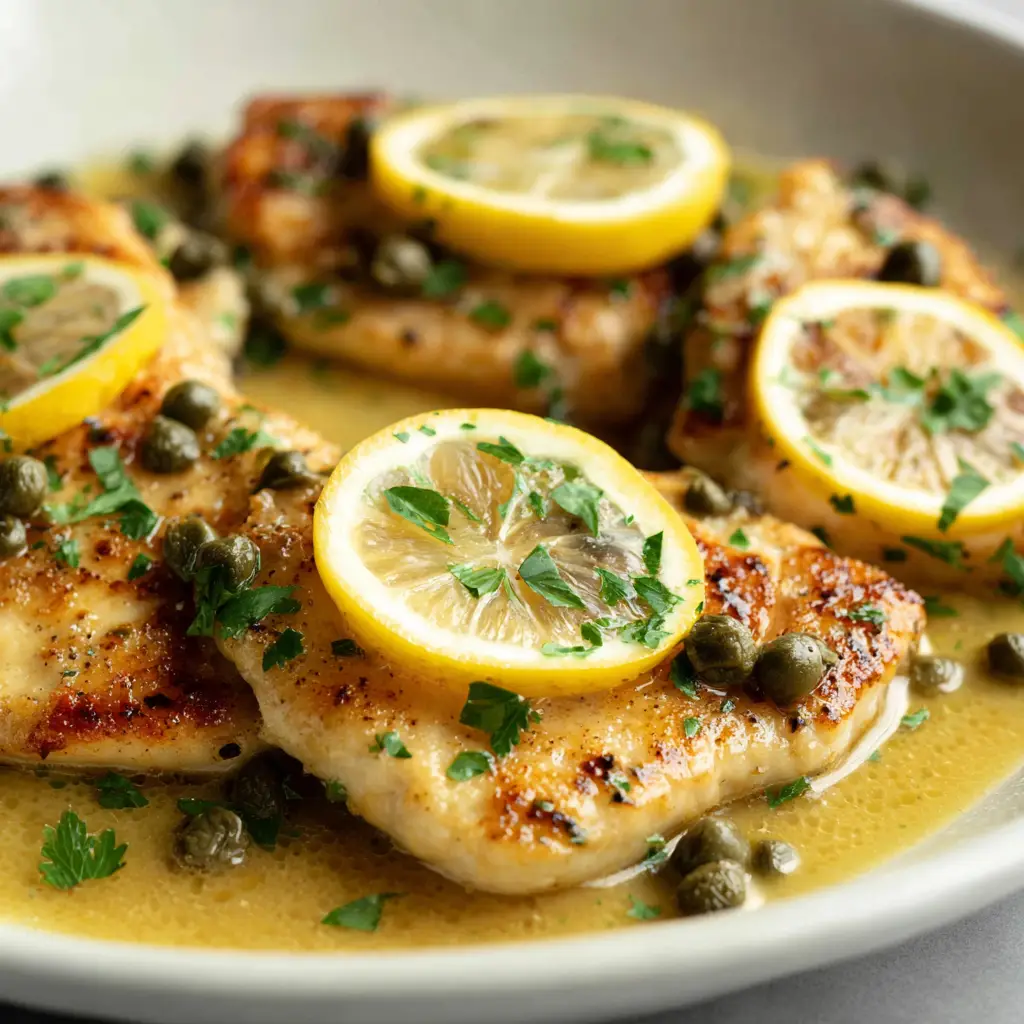 Best Chicken Piccata Recipe 1 Golden-brown chicken cutlets simmering in a glossy translucent yellow lemon-butter sauce with capers.
