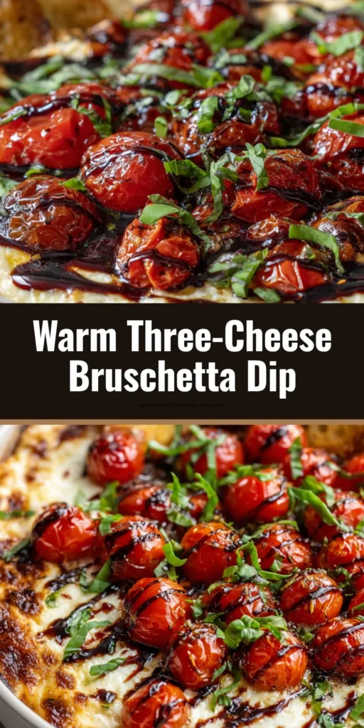 A warm three-cheese tomato bruschetta dip in a shallow ceramic baking dish, topped with blistered cherry tomatoes, fresh chopped basil, and a dark balsamic glaze drizzle, served with toasted crostini.