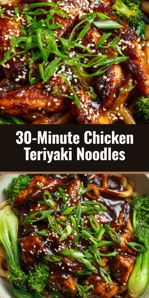 A ceramic bowl of Chicken Teriyaki Noodles topped with seared chicken, broccoli, and sesame seeds.