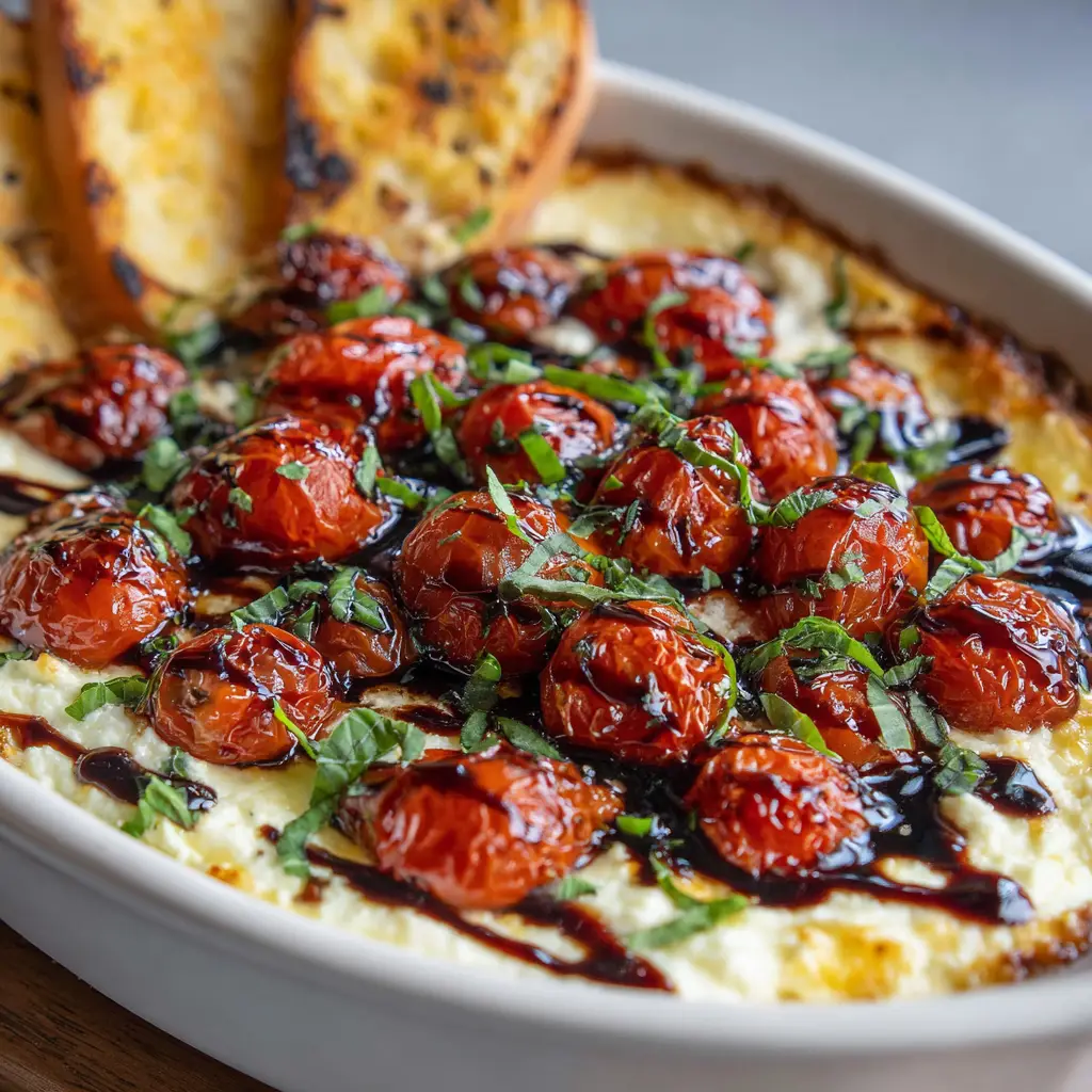 Juicy, blistered red cherry tomatoes piled high in the center of the baked cheese dip, ready for the balsamic drizzle.
