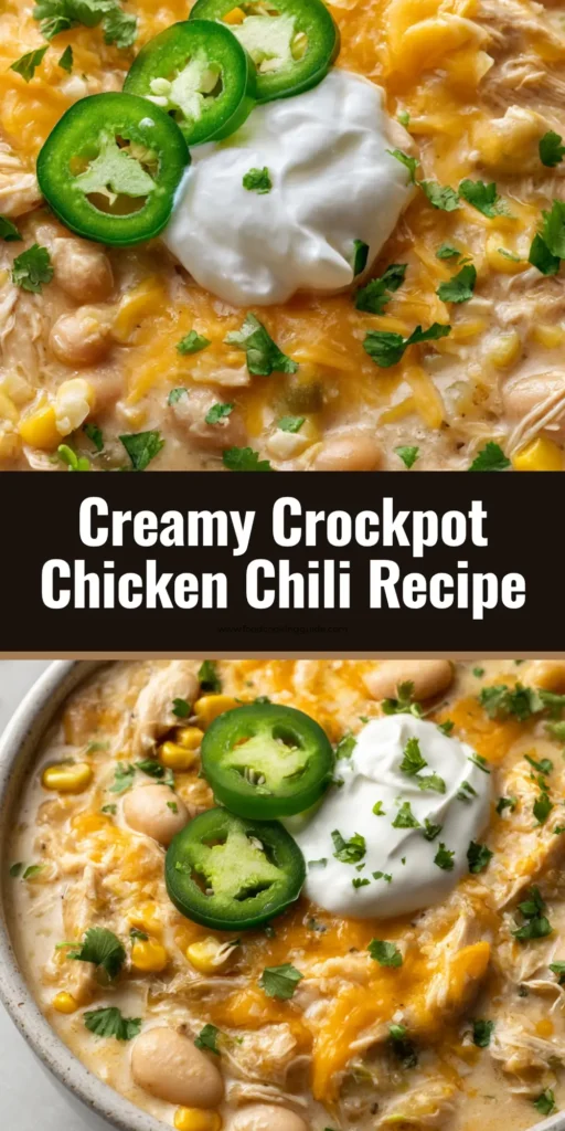 A rustic white ceramic bowl filled with thick, creamy Crockpot Cream Cheese Chicken Chili topped with cheddar, sour cream, cilantro, and jalapeno slices.