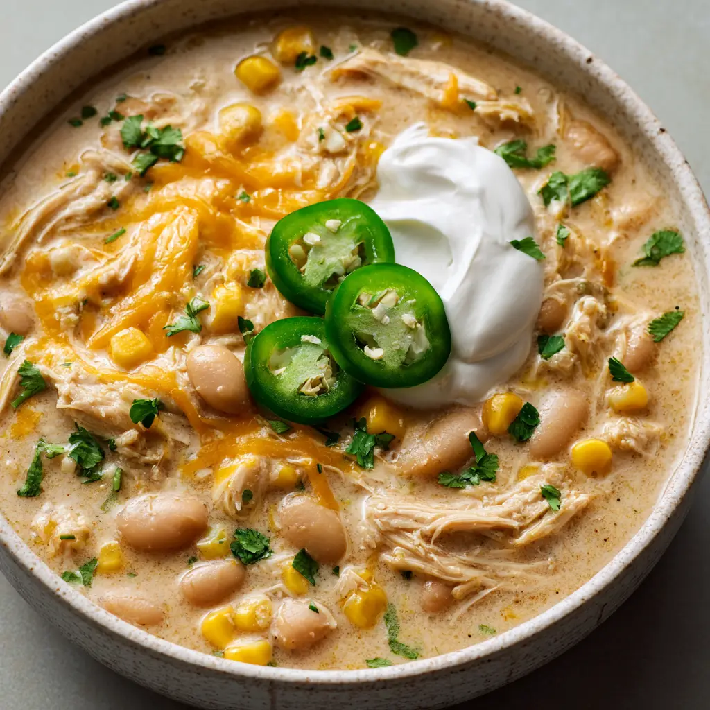 A scoop of thick light beige cream cheese broth with tender pulled white chicken and sweet corn kernels.