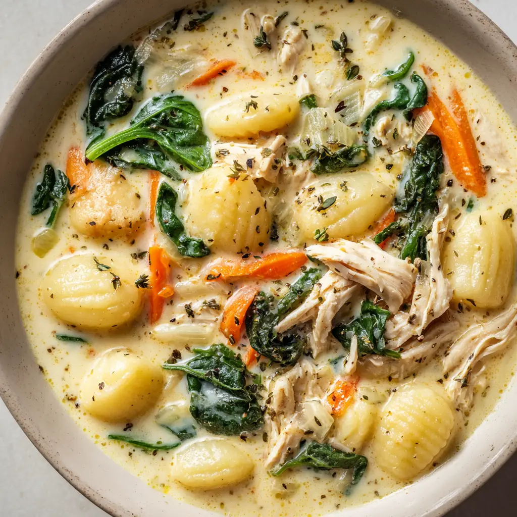 Spoonful of thick chicken gnocchi soup highlighting bright green wilted spinach leaves, julienned cooked orange carrots, and dried thyme flakes.