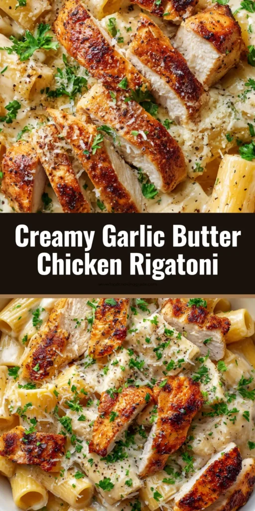 A close-up, overhead shot of creamy garlic butter chicken rigatoni in a shallow white ceramic pasta bowl.
