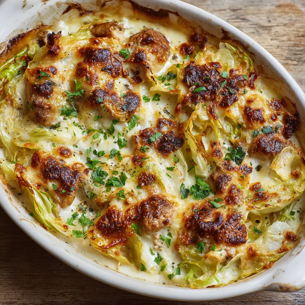 Tender semi-translucent cooked green cabbage mixed with chunks of seared grilled chicken thighs.