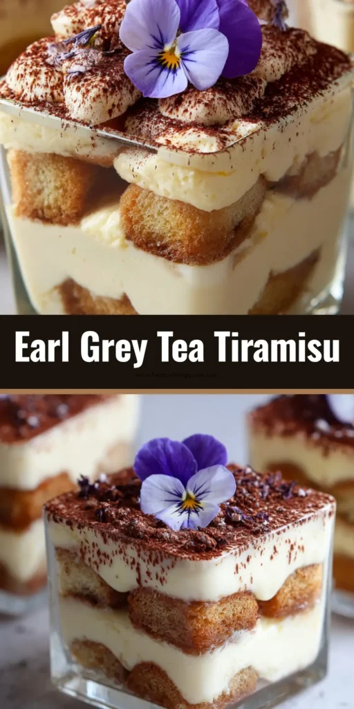 A close-up of a clear square glass cup filled with Earl Grey Tiramisu, featuring layers of tea-soaked ladyfingers and mascarpone cream, topped with cocoa powder and a purple viola flower.