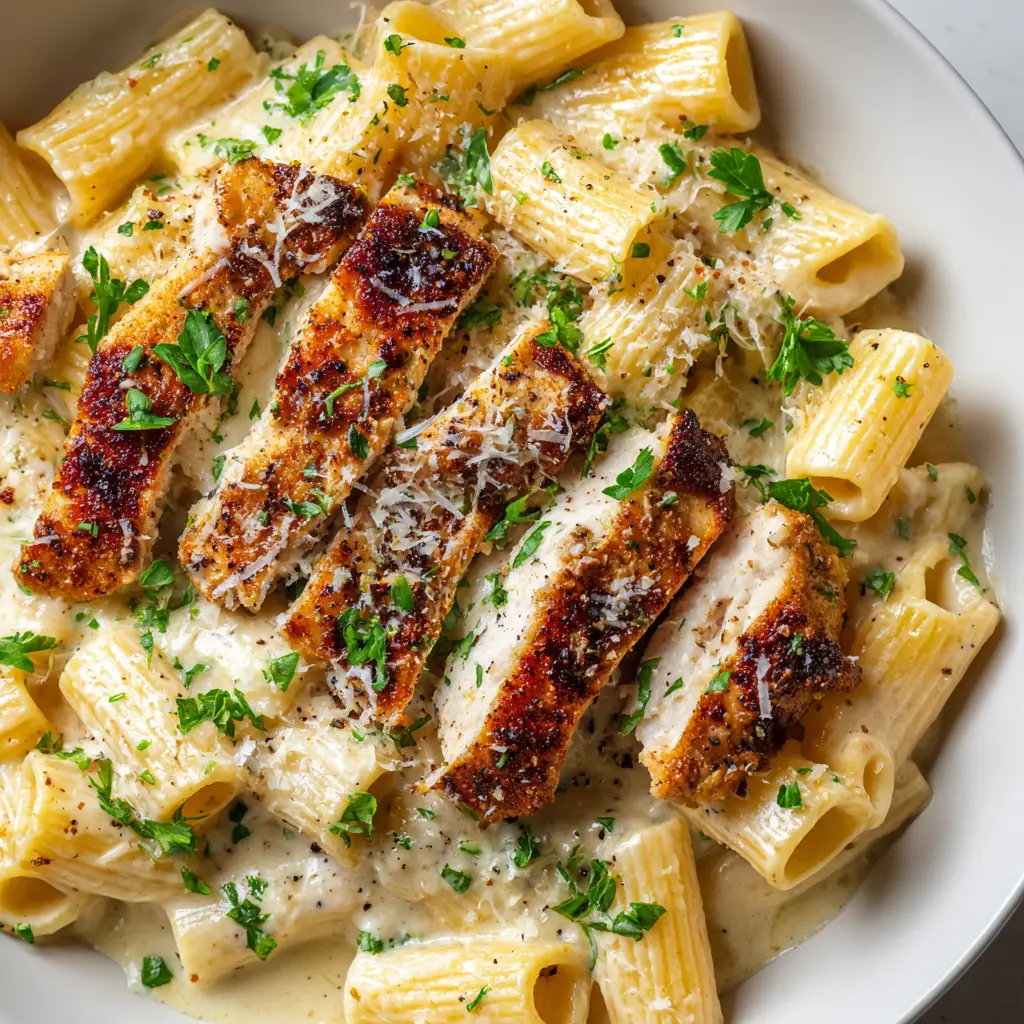 Thick al dente rigatoni pasta tubes coated in a glossy off-white Parmesan cream sauce in a large skillet.