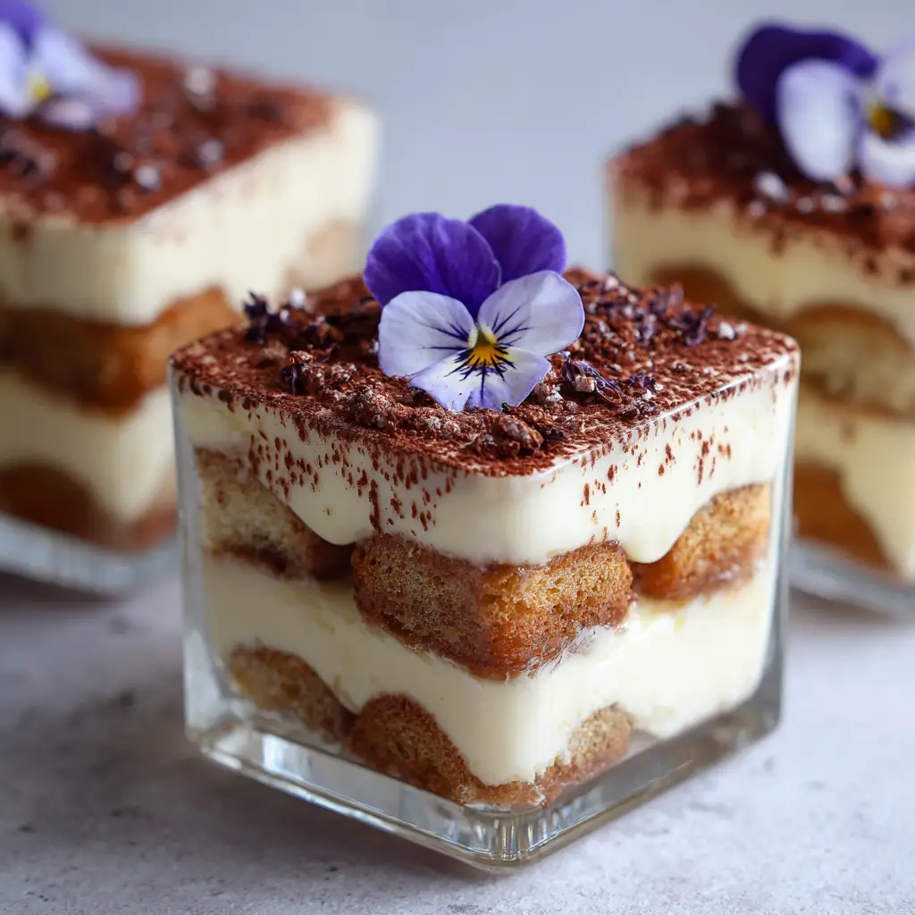Top-down view of Earl Grey Tiramisu dusted with fine matte cocoa powder, crushed dark tea leaves, and garnished with an edible purple viola flower.