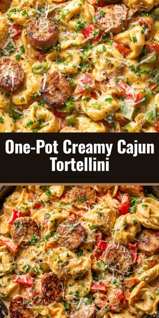 The Ultimate Cajun Alfredo Tortellini Skillet 4 A close-up, overhead shot of a loaded Cajun Alfredo tortellini skillet in a well-seasoned black cast iron pan, garnished with freshly grated parmesan cheese melts and chopped fresh flat-leaf parsley.