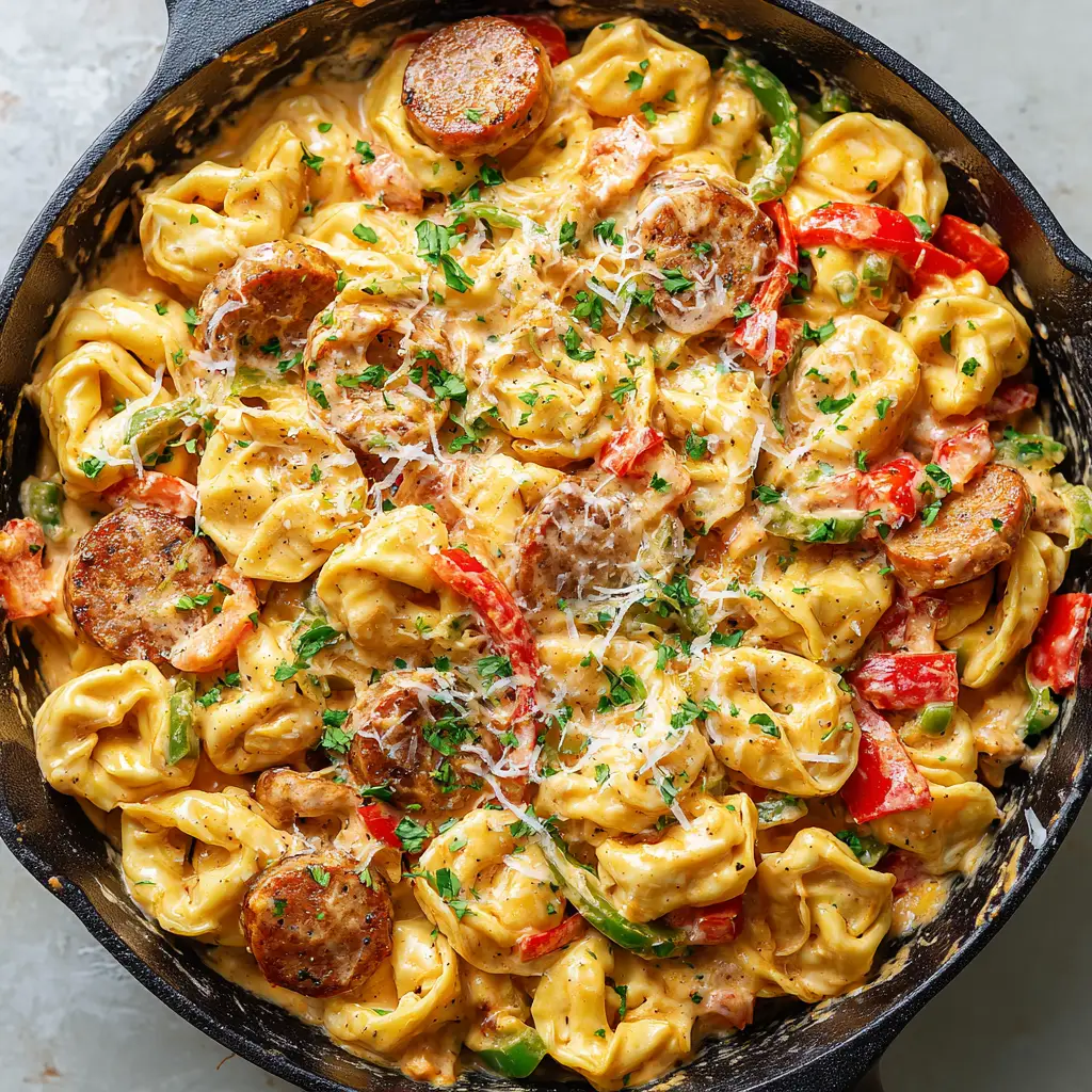 The Ultimate Cajun Alfredo Tortellini Skillet 2 Plump cheese tortellini, diced red and green bell peppers, soft cooked tomatoes, and sliced smoked sausage prepped for a Cajun Alfredo skillet.