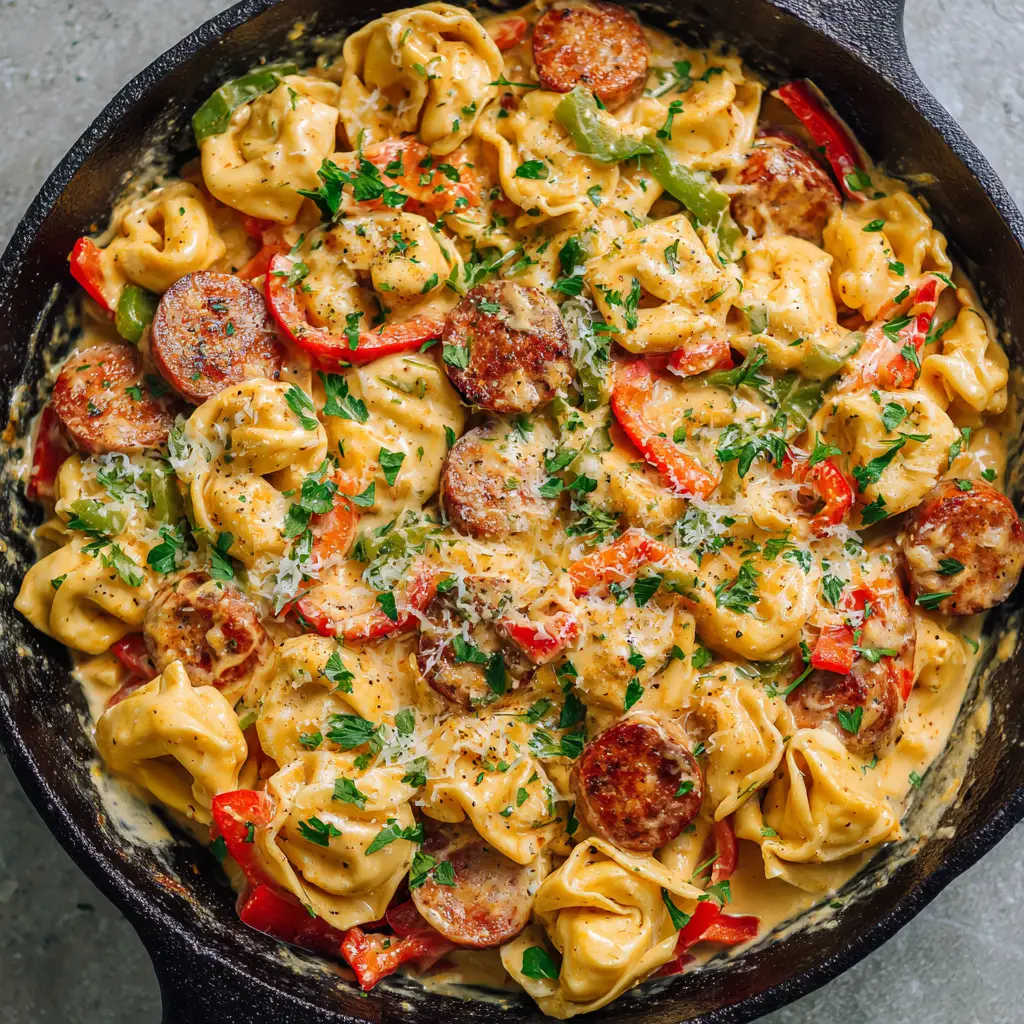 The Ultimate Cajun Alfredo Tortellini Skillet 1 Heavily seared, browned slices of smoked sausage cooking in a black cast iron pan before adding the Cajun Alfredo sauce.