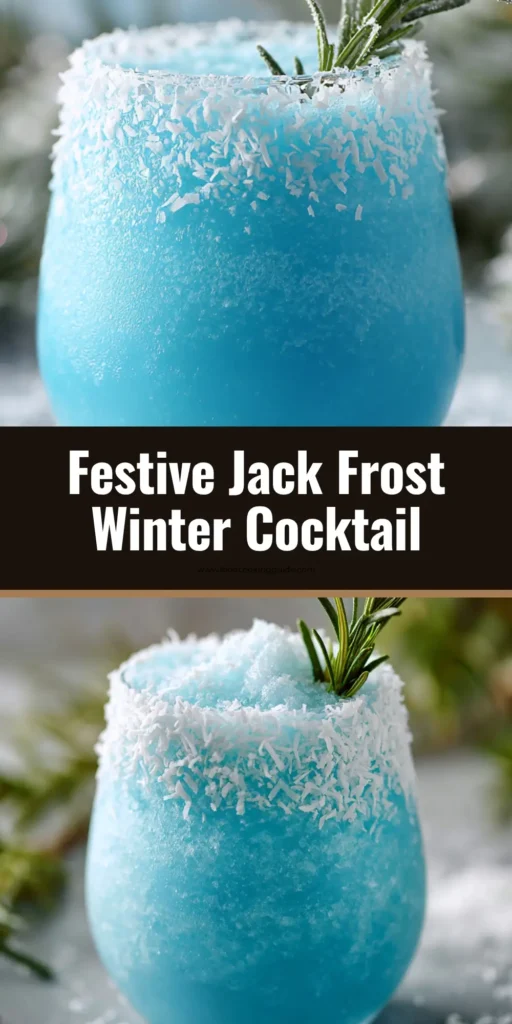 A bright icy blue blended Jack Frost Cocktail in a stemless wine glass, featuring a thick white shredded coconut rim, a fresh green rosemary sprig garnish, and a dusting of powdered sugar mimicking snow.