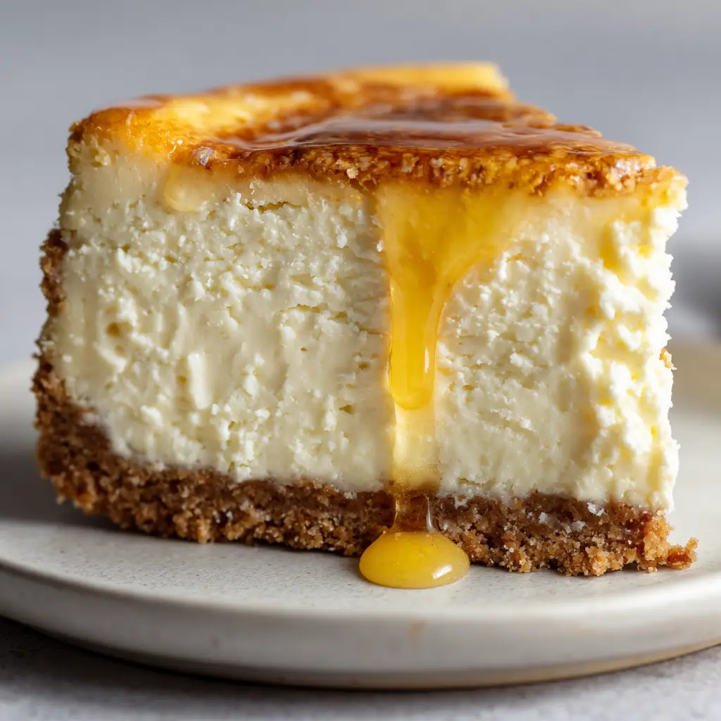 Healthy Cottage Cheese Cheesecake 2 Close-up of the dense, creamy, pale-yellow cottage cheese and yogurt cheesecake filling over a thick baked graham cracker crust.