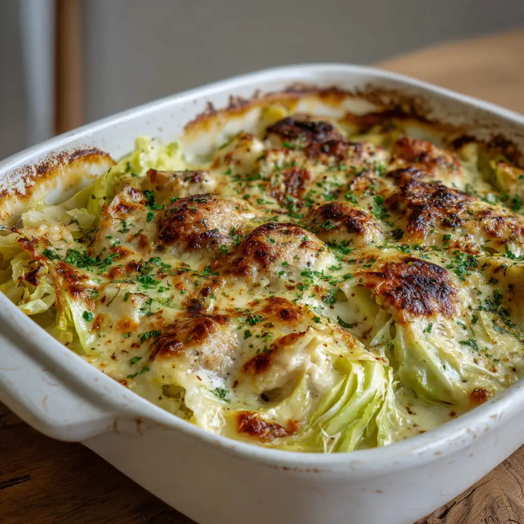 A thick, rich, pale-yellow creamy sauce poured over chicken and cabbage inside a rustic white ceramic baking dish.