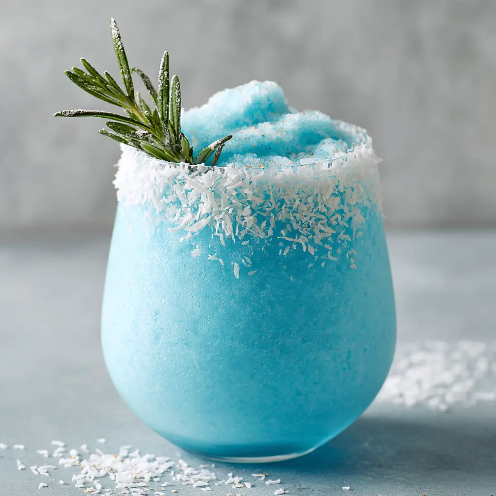 Overhead view of a bright icy blue blended Jack Frost Cocktail with a heavy white shredded coconut rim and a fresh rosemary sprig.