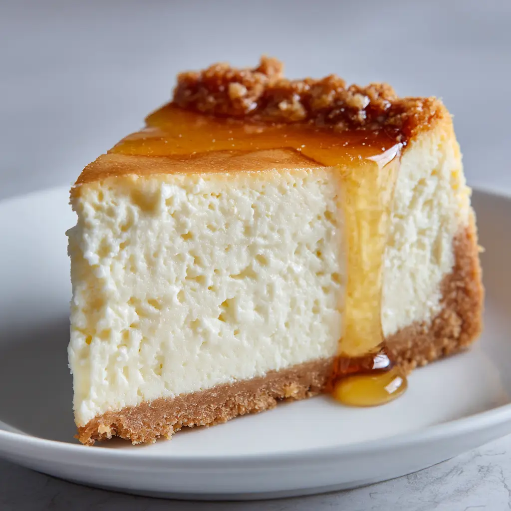 Healthy Cottage Cheese Cheesecake 1 A single slice of cottage cheese and Greek yogurt cheesecake on a round white ceramic plate with golden honey cascading down the side.