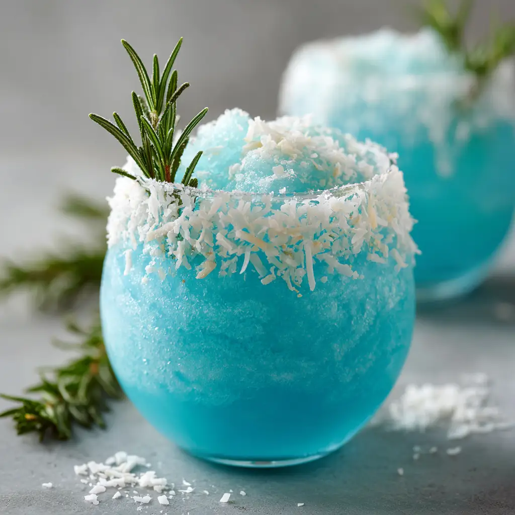 Close-up of a frosty light blue Jack Frost Cocktail in a stemless wine glass garnished with fresh rosemary and powdered sugar.