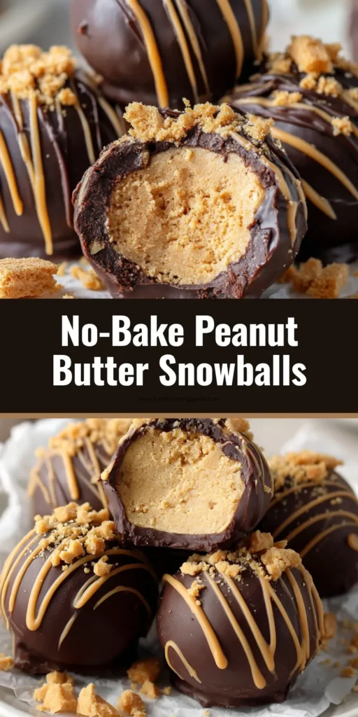 A stack of round Chocolate Peanut Butter Snowballs showing a bitten truffle with dense peanut butter filling, a smooth dark chocolate shell, and caramel drizzle.