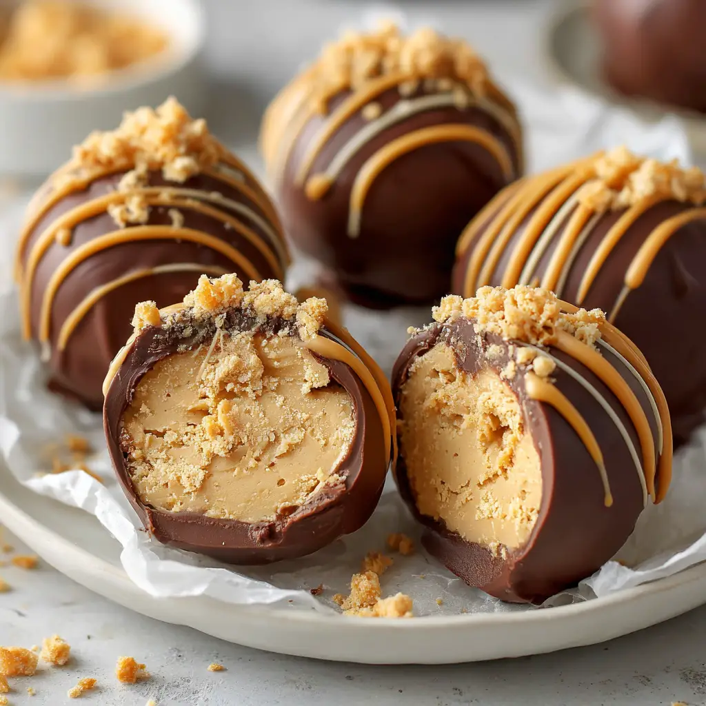 Close-up of a bitten Chocolate Peanut Butter Snowball on a white ceramic plate lined with baking parchment paper, revealing a thick creamy interior.