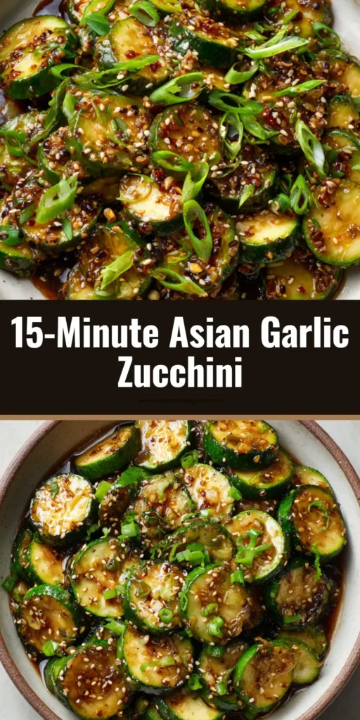 Sensational Asian Zucchini Side Dish (Pan-Seared & Glossy) 3 A rustic ceramic bowl filled with an Asian Zucchini Side Dish, featuring seared zucchini half-moons coated in a dark, glossy soy garlic glaze and garnished with toasted sesame seeds and scallions.