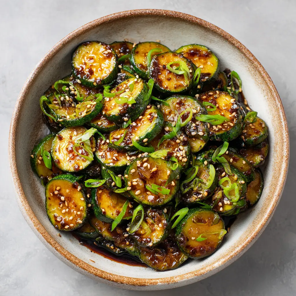 Sensational Asian Zucchini Side Dish (Pan-Seared & Glossy) 2 Raw thick green zucchini half-moons prepped next to minced garlic and a bowl of dark brown savory soy and oyster sauce for an Asian Zucchini Side Dish.