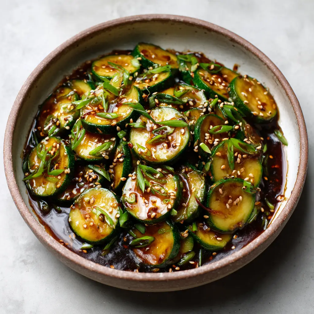 Sensational Asian Zucchini Side Dish (Pan-Seared & Glossy) 1 Close up of an Asian Zucchini Side Dish being tossed in a skillet, glistening with a dark brown soy glaze and sprinkled with white sesame seeds.