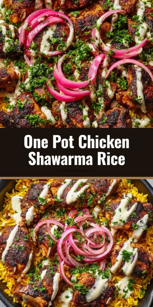 A top-down view of One Pot Chicken Shawarma featuring vibrant yellow turmeric rice, charred chicken, white tahini drizzle, parsley, and sliced red onions in a cast iron skillet.