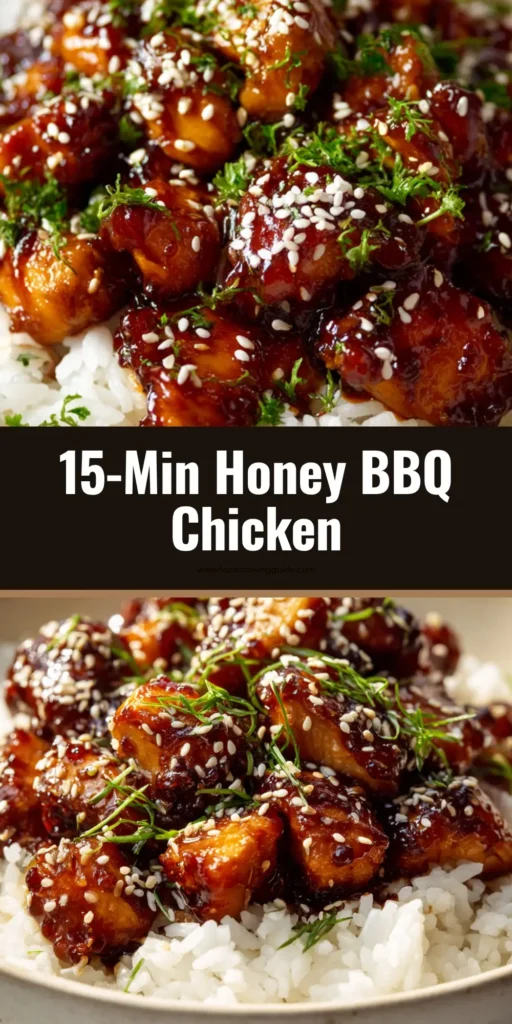 The Ultimate Honey BBQ Chicken Rice Bowl 3 A minimalist ceramic bowl filled with Honey BBQ Chicken Rice, featuring fluffy jasmine rice, glossy dark amber chicken, sesame seeds, and scallions.