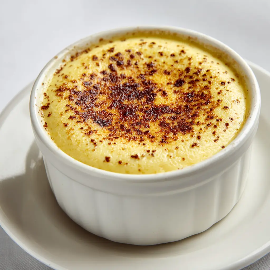 The Best Baked Egg Custard Recipe 2 Close-up shot of a smooth pale yellow Baked Egg Custard Recipe inside a small round white ceramic ramekin.