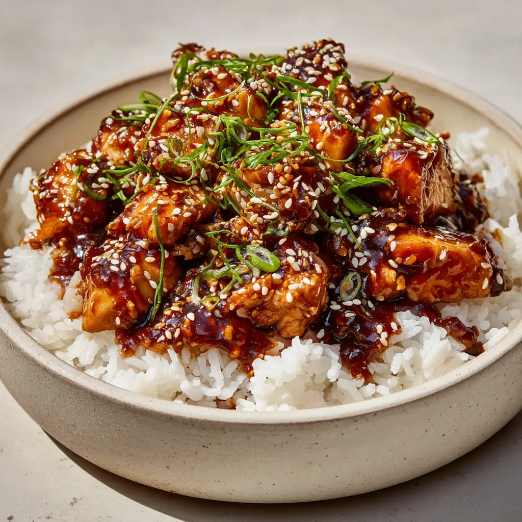 The Ultimate Honey BBQ Chicken Rice Bowl 2 Close-up of raw ingredients for Honey BBQ Chicken Rice including chicken chunks, jasmine rice, honey, soy sauce, and scallions.