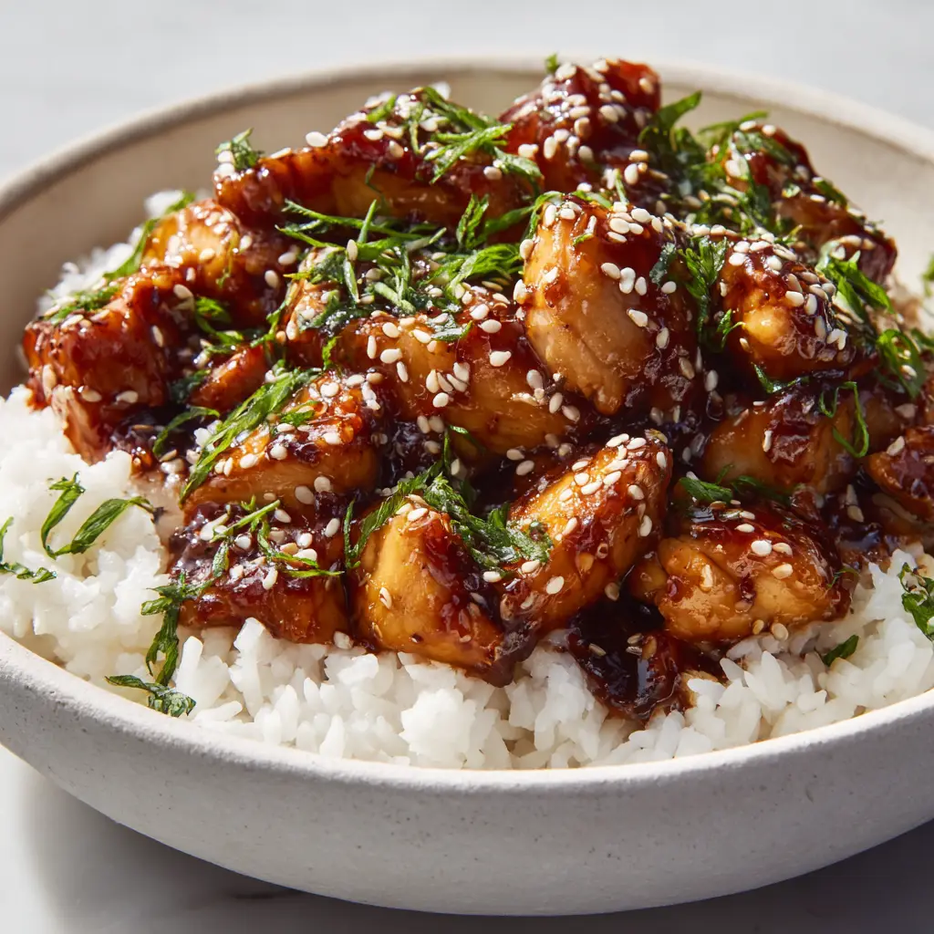 The Ultimate Honey BBQ Chicken Rice Bowl 1 Bite-sized chunks of pan-seared chicken simmering in a thick, sticky, glossy dark amber honey barbecue glaze.
