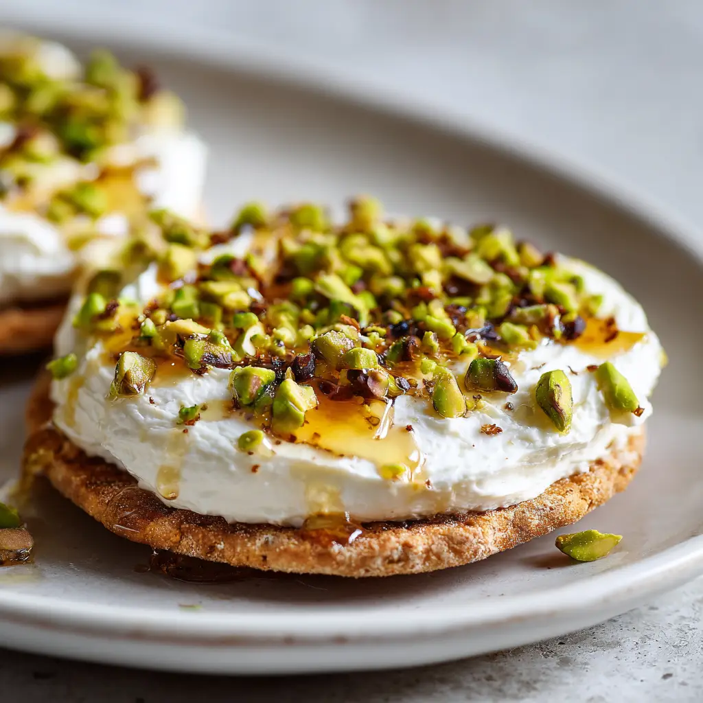 Ricotta Pistachio Honey Bites 2 Ingredients for Ricotta Pistachio Honey Bites showcasing bright green pistachios, whole milk ricotta, round crackers, and glossy honey.