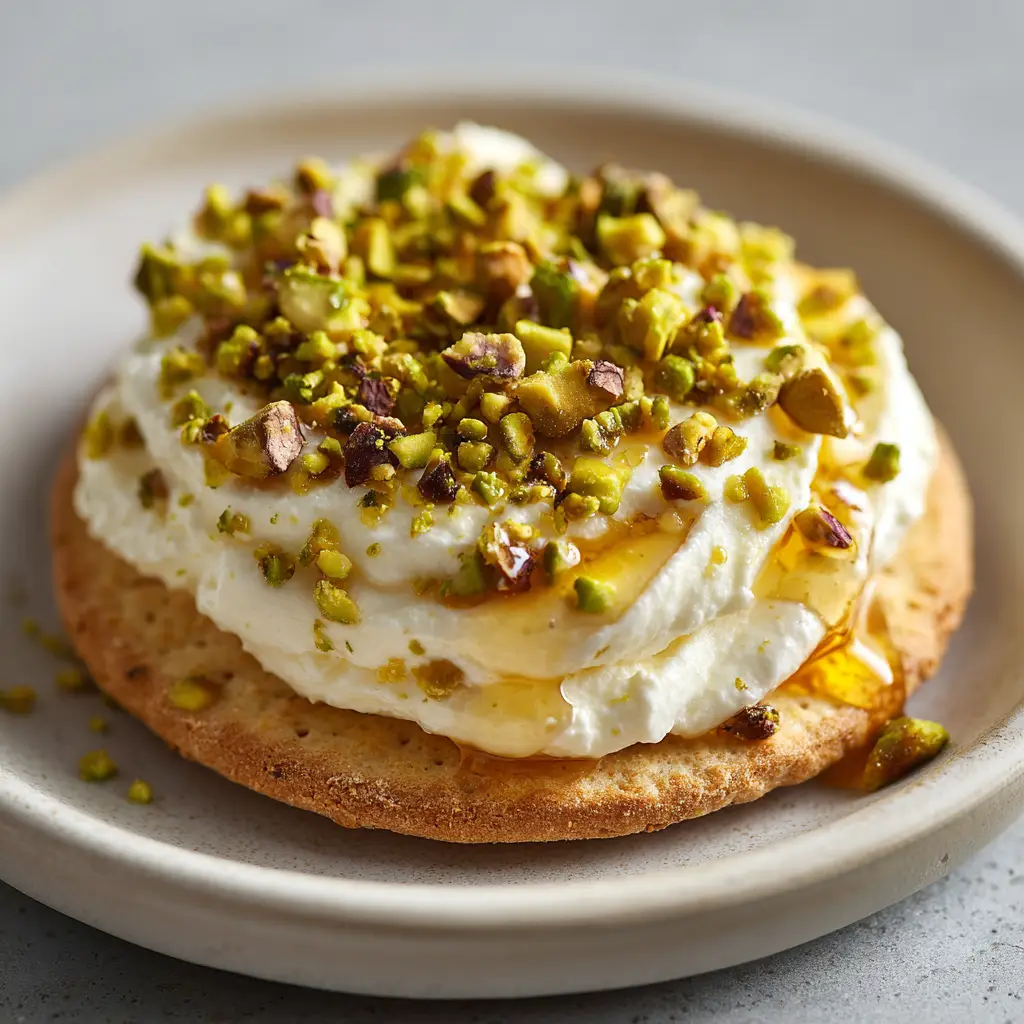 Ricotta Pistachio Honey Bites 1 Piping a thick swirl of creamy white ricotta onto a small round toasted cracker base.