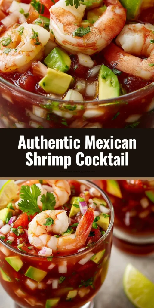 Authentic Mexican Shrimp Cocktail (Cóctel de Camarón) 4 A close-up view of an authentic Mexican Shrimp Cocktail with plump pink shrimp, creamy avocado, and a deep-red tomato base.
