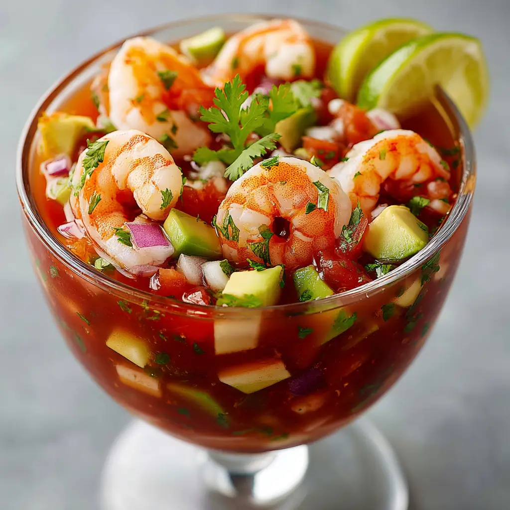 Home 8 Chilled deep-red tomato juice mixture filled with plump, pink cooked shrimp served in a large clear glass goblet.