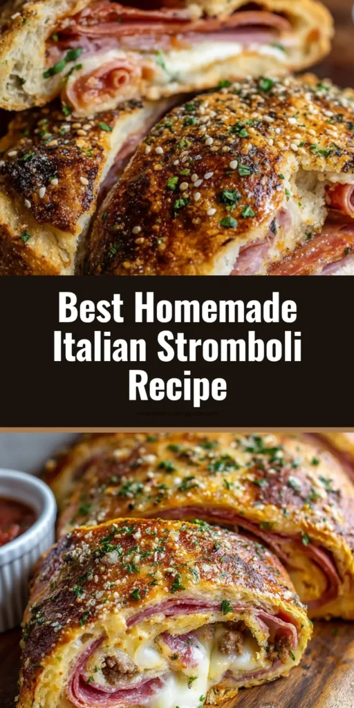 Ultimate Homemade Italian Stromboli with a Blistered Sesame Crust 4 A close up view of a freshly baked Homemade Italian Stromboli with curled pepperoni, pink salami, and browned crumbled Italian sausage enveloped in melted provolone and mozzarella cheeses.