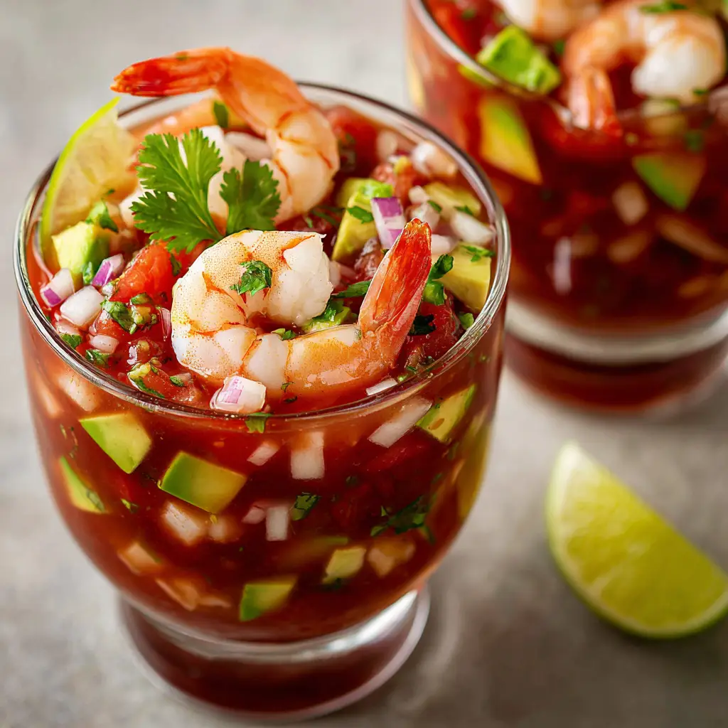 Authentic Mexican Shrimp Cocktail (Cóctel de Camarón) 1 Perfectly diced creamy green avocado cubes, bright red tomatoes, and fresh cilantro mixed into a shrimp cocktail.