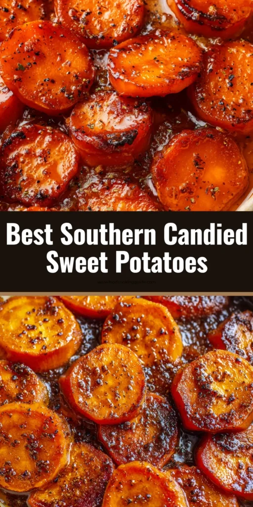 Close-up of thick, round Southern candied sweet potatoes baked with a glossy amber brown sugar glaze, speckled with cinnamon and nutmeg in a rustic baking dish.