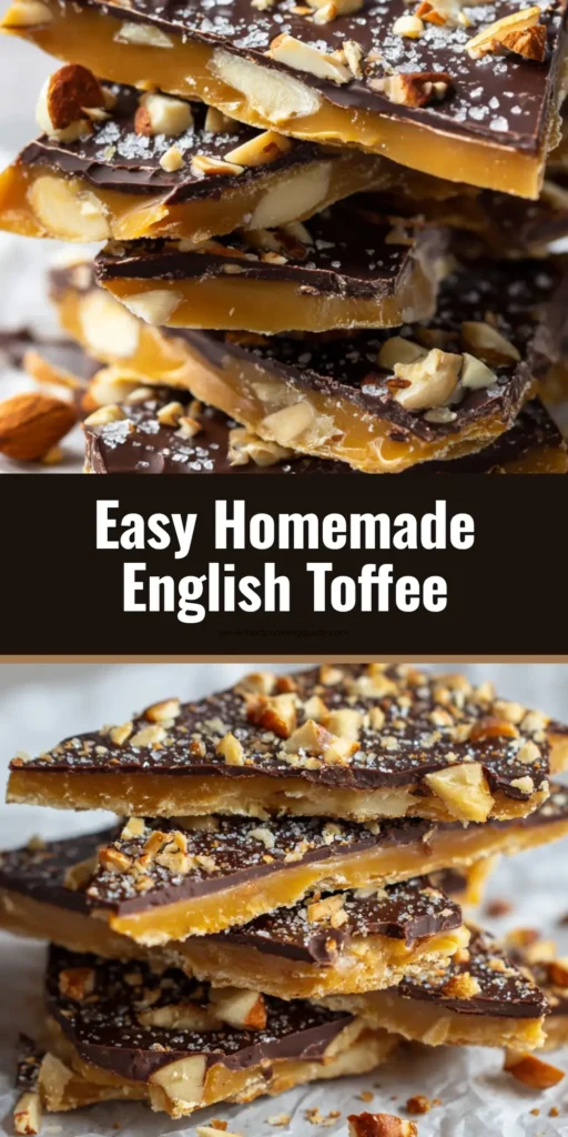 Master the Ultimate English Toffee Recipe for Your Dessert Table 4 Irregular shards of homemade English toffee stacked on crinkled white parchment paper with roasted almonds and flaky sea salt. (English Toffee Recipe)