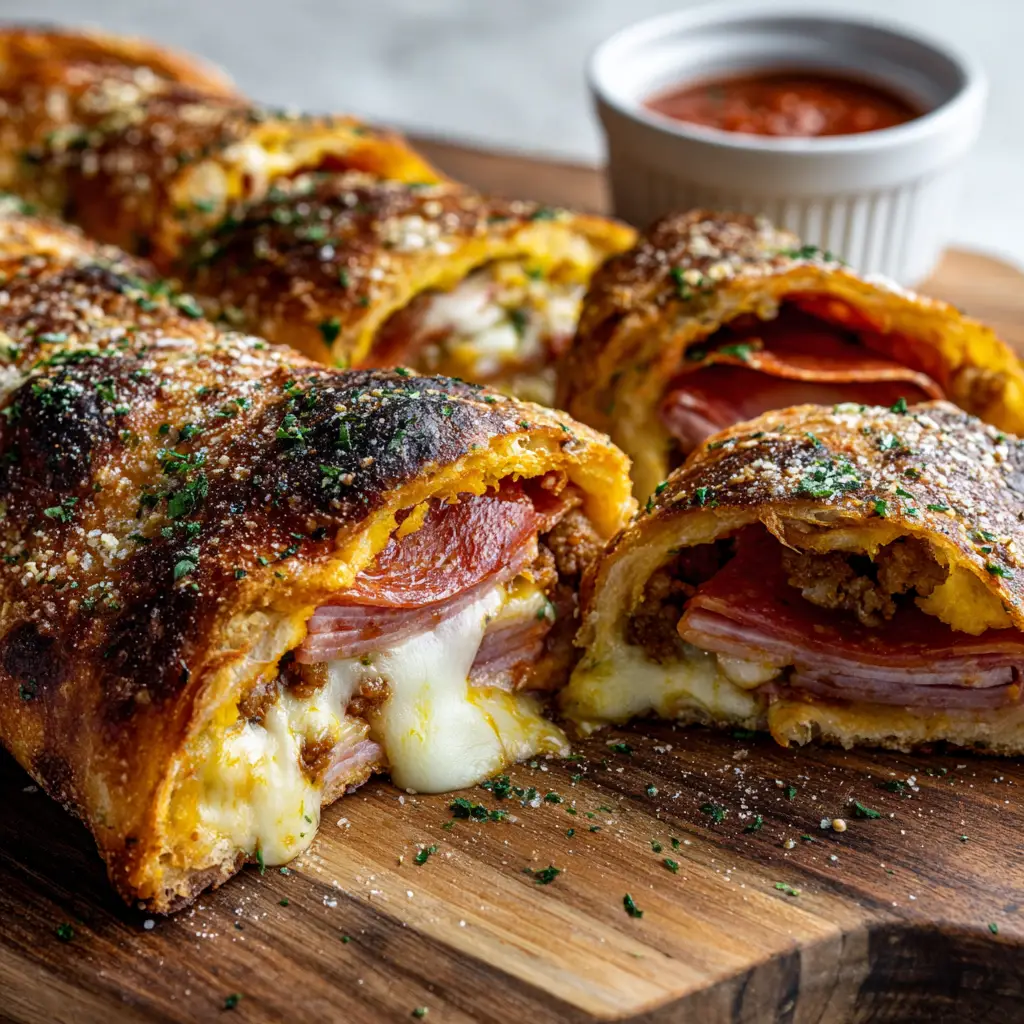Ultimate Homemade Italian Stromboli with a Blistered Sesame Crust 2 Cross-section of a golden-brown Italian stromboli sliced open to reveal thick layers of melted white mozzarella cheese, salami, and sausage on a rustic wooden cutting board.