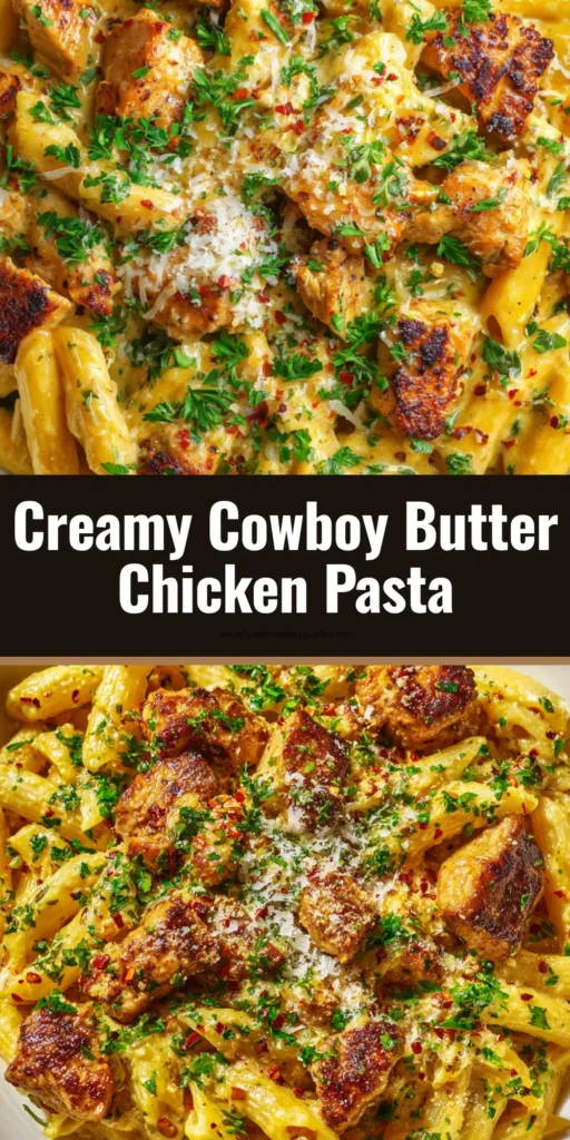 The Ultimate Cowboy Butter Chicken Pasta Recipe 4 A close-up overhead shot of Cowboy Butter Chicken Pasta in a shallow white ceramic bowl, featuring golden-seared chicken and penne coated in a glossy yellow butter sauce.