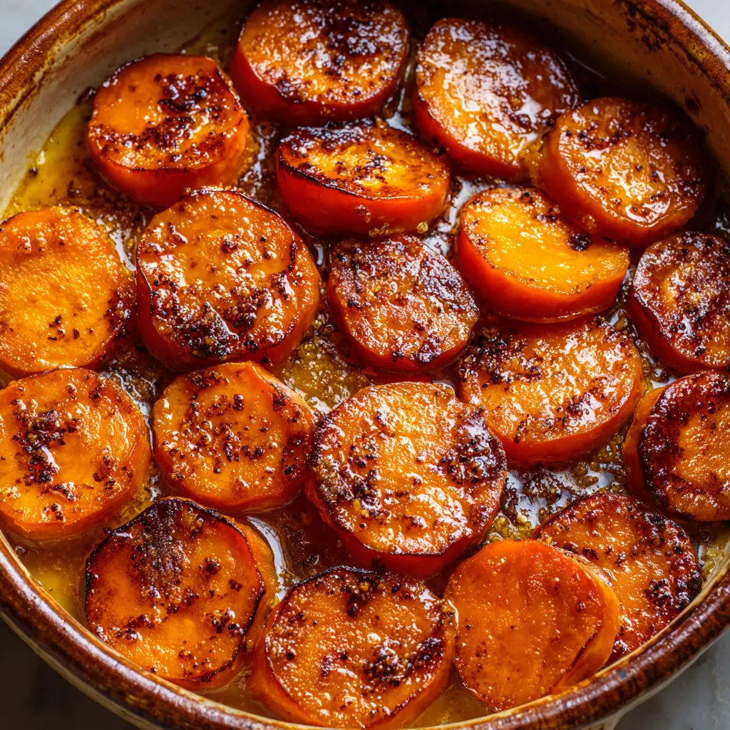 Overhead shot of vibrant orange sweet potato slices baked until tender with caramelized edges in a brown sugar glaze.